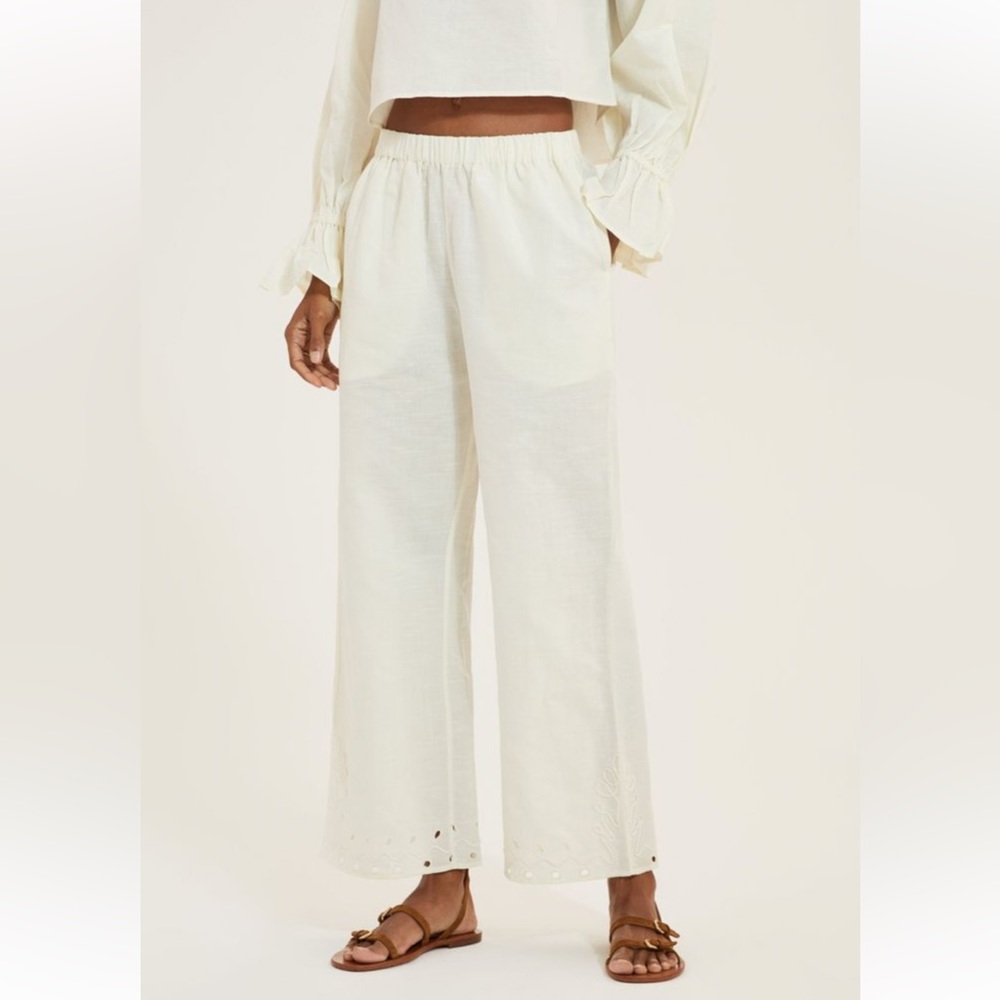 SOMETHING NAVY Embroidered Cotton/Linen Ivory Wide-leg Pull-on Pants, Sz S - NWT